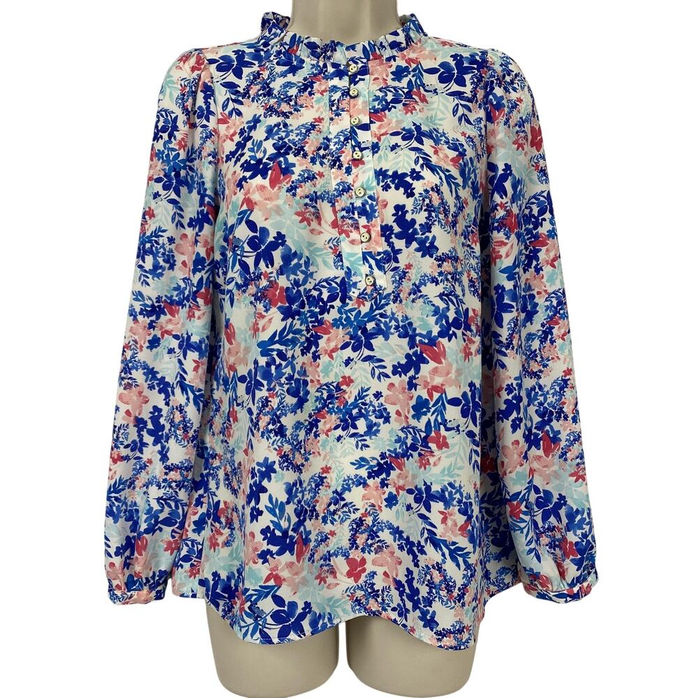 Talbots Top Petite Small Blue Floral Henley Blouse Ruffle Neck Pullover Career